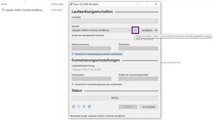 Bei „Startart“ wird nun der Name der ISO-Datei angezeigt. Auf den CHECK-Button klicken. Die Berechnung startet. Ansicht Rufus mit Check-Button