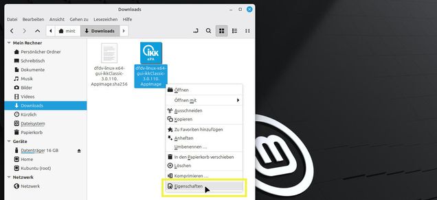 Ansicht AppImage Mausklick rechts Menü