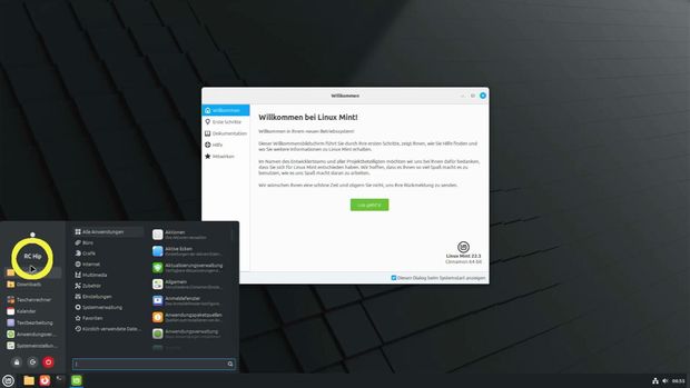 Ansicht Linux Mint Desktop mit geöffnete Hauptmenü