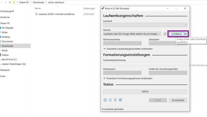 Rufus.exe starten. Auf AUSWAHL klicken, und die gewünschte ISO-Datei auswählen (hier z.B. Xubuntu*.iso) Ansicht Software Rufus nach Start.