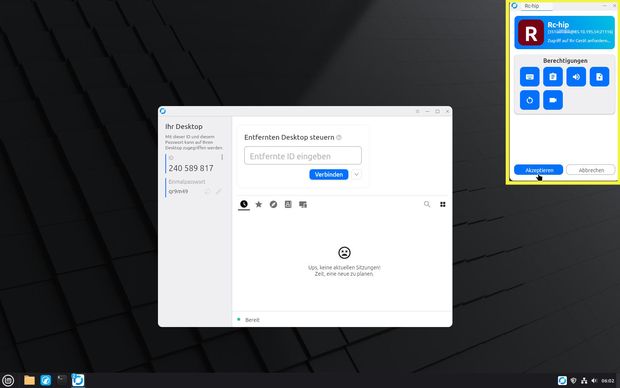 Ansicht Desktop, Rustdesk geöffnet: 2. Anfrage-Fenster gelb umrandet
