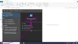 'PowerShell' in die Windows-Suchleiste eingeben >>> APP anklicken Ansicht Windows Suche