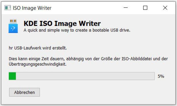 Ansicht KDE ISO Image Writer: Status Anzeige Erstellung