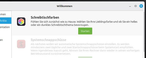 Ansicht Ausschnitt Willkommensbildschirm: Schreibtischfarben