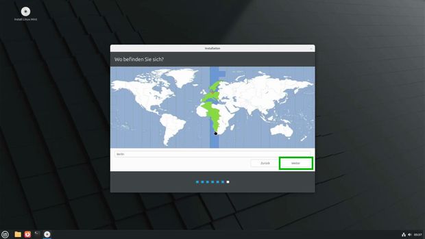 Ansicht Installationsfenster Auswahl Zeitzone, mit "Berlin" voreingestellt.
