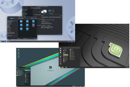 Ansicht Desktops 3 Linuxe: Kubuntu, Mint, Manjaro
