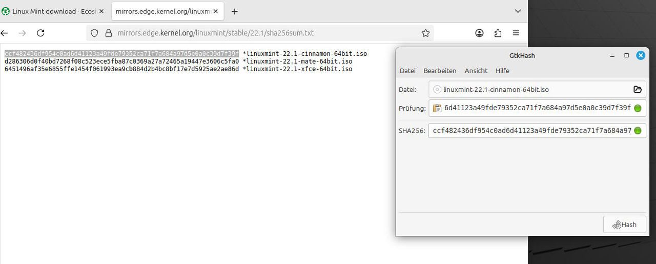 Ansicht Desktop Mint mit Browser und Software Gtkhash
