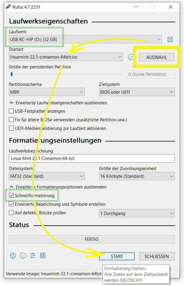 Ansicht Rufus Einstellungen für Linux Live-Bootstick