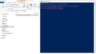 EINGABE: Mit "cd" in den Ordner wechseln, wo die zu prüfende Datei gespeichert ist >>> Enter. Ansicht Windows PowerShell mit change directory