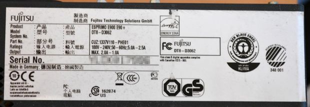 Typenschild Fujitsu Esprimo E900 E90+
