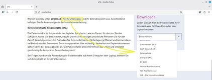 Ansicht Webseite epaclient.de Auswahl Krankenkasse gelb markiert
