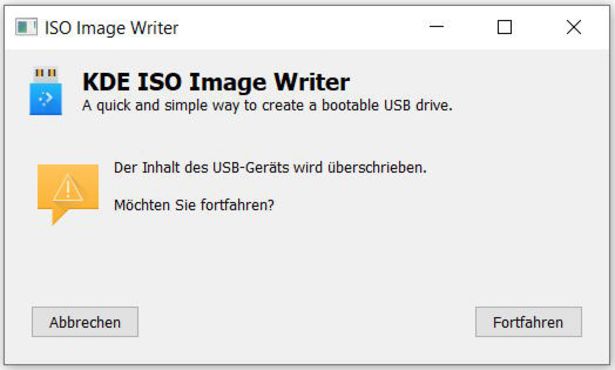 Ansicht KDE ISO Image Writer: Info-Meldung Daten werden gelöscht