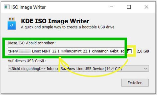 Ansicht KDE ISO Image Writer: Linux ISO-Datei hinzugefügt