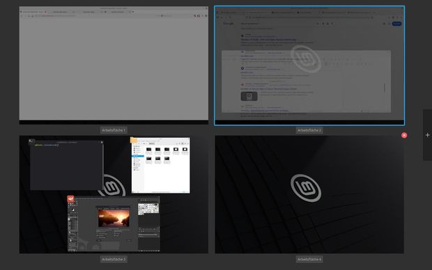 Ansicht Übersicht Arbeitsflächen in Linux Mint