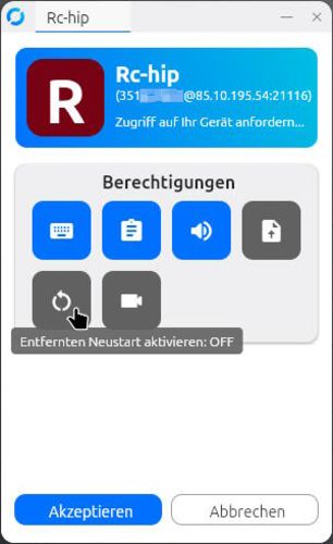 Rustdesk Berechtigungsfenster mit 3 grauen Icons