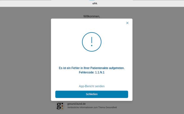 Ansicht epaclient Fehlermeldung 1.1.N.1