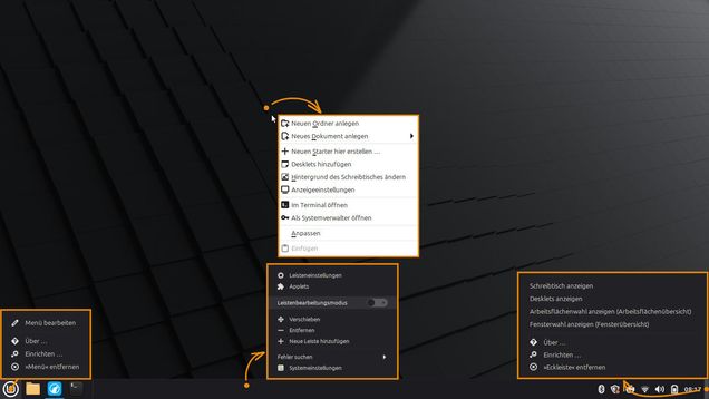 Ansicht Desktop mit 4 geöffneten Rechts-Klick-Menüs orange markiert