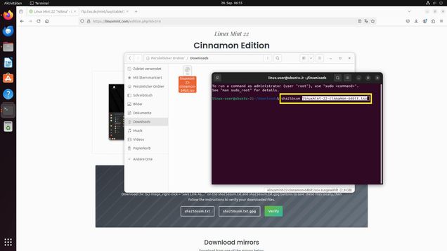 UBUNTU: In den Ordner gehen, wo die zu prüfende Datei liegt >>> Rechte Maustaste: „Im Terminal öffnen“. Es öffnet sich ein Terminal-Fenster mit der korrekten Pfadangabe. EINGABE: sha256sum plus Dateiname (z.B. per copy/paste) >>> Enter Ansicht UBUNTU: Terminal mit sha256sum