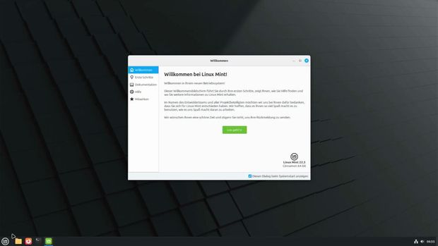 Ansicht nach Neustart: Desktop mit Willkommensfenster