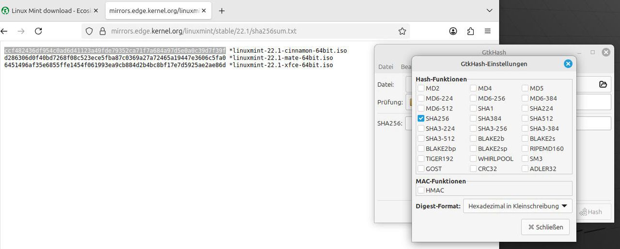 Ansicht Desktop Mint mit Browser und Software Gtkhash