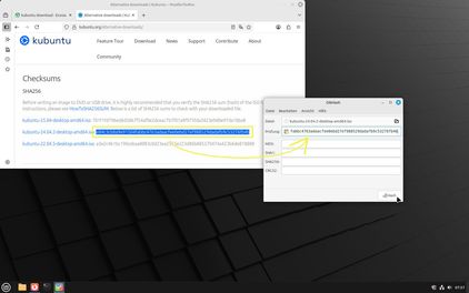 Ansicht Desktop Mint mit Browser und Software Gtkhash
