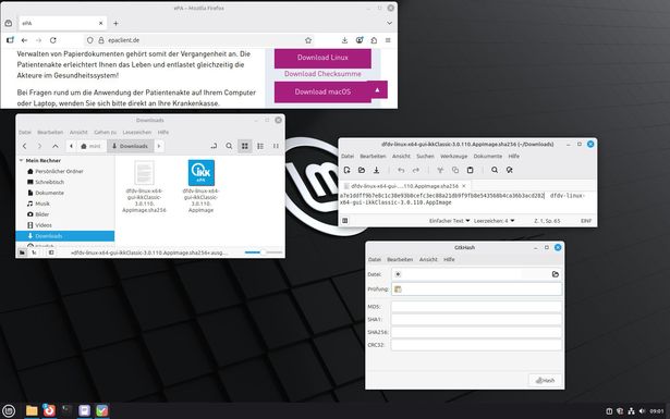 Ansicht Desktop mit zusätzlich geöffnetem GtkHash-Fenster