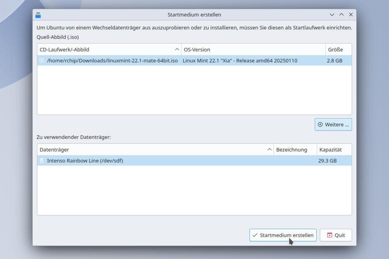 Ansicht Kubuntu Fenster USB Disk Creator