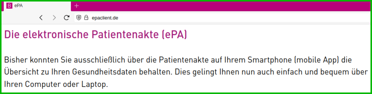 Bildschirmaufnahme epaclient.de Infos zur neuen Desktop-App für die elektronische Gesundheitsakte