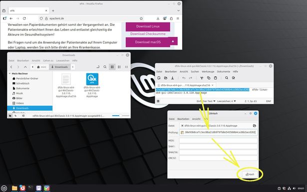 Ansicht Desktop sha256-Hast markiert mit gelben Pfeilen ins 2. Textfeld und Hash-Button