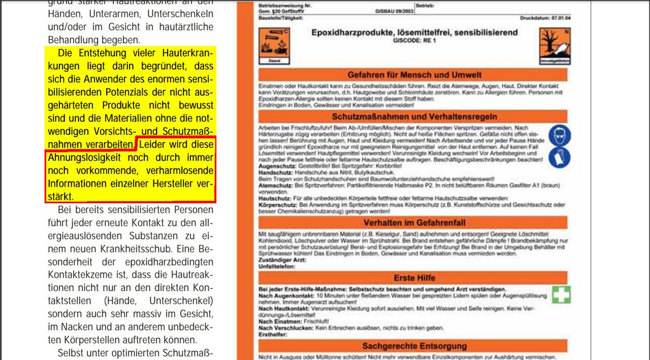 Auszug Infoblatt BG Bau Epoxidharze