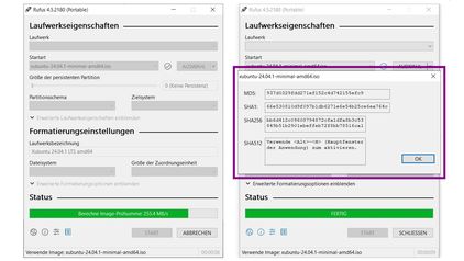 Die grüne Leiste unten zeigt den Status der Berechnung an. RECHTS: Nach der Beendigung öffnet sich ein Zusatzfenster mit den Ergebnissen für MD5, SHA1 und SHA256. Ansicht Rufus Status Berechnung und Ergebnis