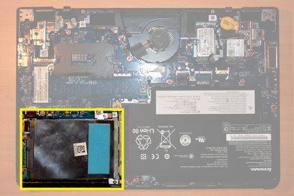 Ansicht 2,5 Zoll Festplatte auf Hauptplatine markiert