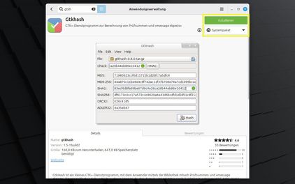 Ansicht Anwendungsverwaltung Software GtkHash Detailseite mit Button "Installieren" gelb umrandet