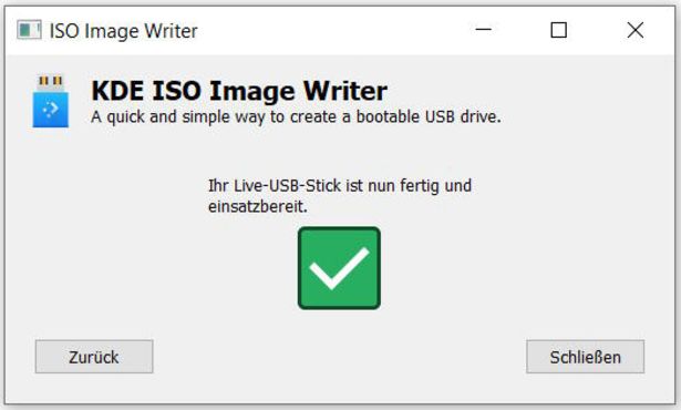 Ansicht KDE ISO Image Writer: Meldung Bootstick fertig erstellt