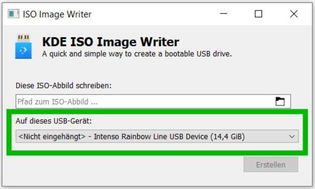 Ansicht KDE ISO Image Writer: USB-Stick erkannt