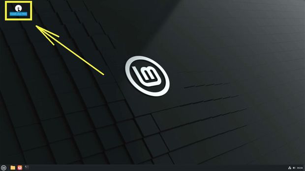 Ansicht Live-System Icon "Install Linux Mint" gelb markiert mit Pfeil
