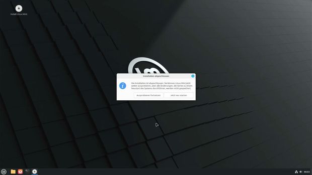 Ansicht Fenster mit Infor "Installation abgeschlossen" und Optionen und Buttons "Ausprobieren fortsetzen" und "Jetzt neu starten"